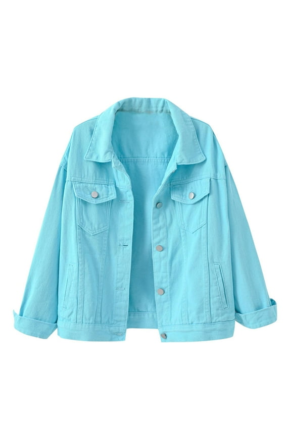 Trendy Womens Cardigan Lapel Collar Womens Suit Buttons Denim Jackets with Bust Pockets Casual Set Long Sleeve Jackets Elegant Solid Slim Fit Business Fashion Sky Blue 8