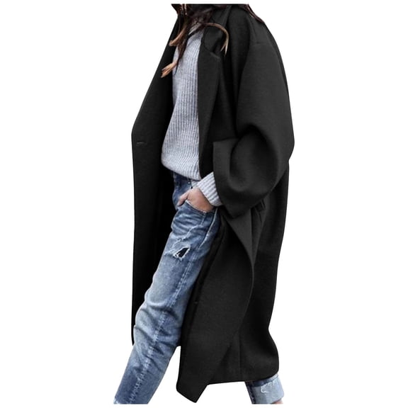 Olyvenn Trendy Womens Parkas Set Long Sleeve Jackets Classic Solid Slim Fit Business Fashion Lapel Collar Womens Suit Long Double Breasted Trench Coat with Pockets Casual Black 14