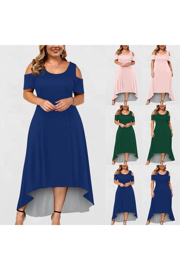 Trendy Womens Plus Dresses Fashion Ladies Long Dress Short Sleeve Cold Shoulder Solid Color Loose Fit Casual Pleated Swing Summer Large Size Dress Female Leisure Blue 18