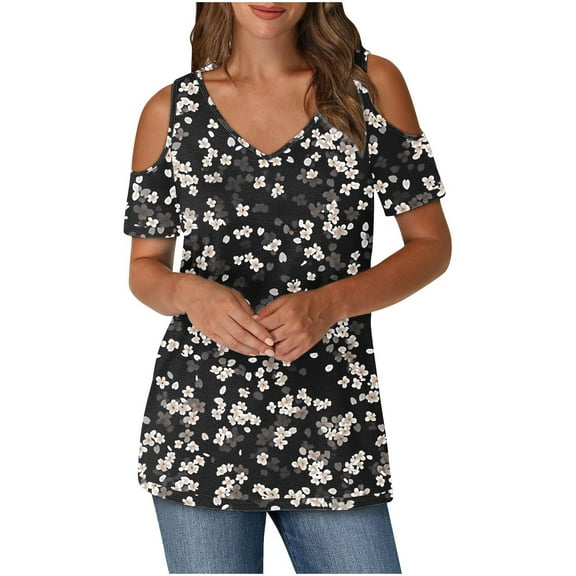 Olyvenn Cold Shoulder Tops for Women Floral Print Fashion Summer Short Sleeve Shirts Crew Neck Tunic Blouse Multicolor XL