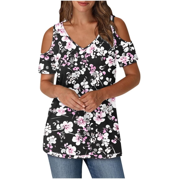 Olyvenn Cold Shoulder Tops for Women Plus Size V Neck T Shirts Short Sleeve Summer Clothes Button Up Tunic Multicolor XL