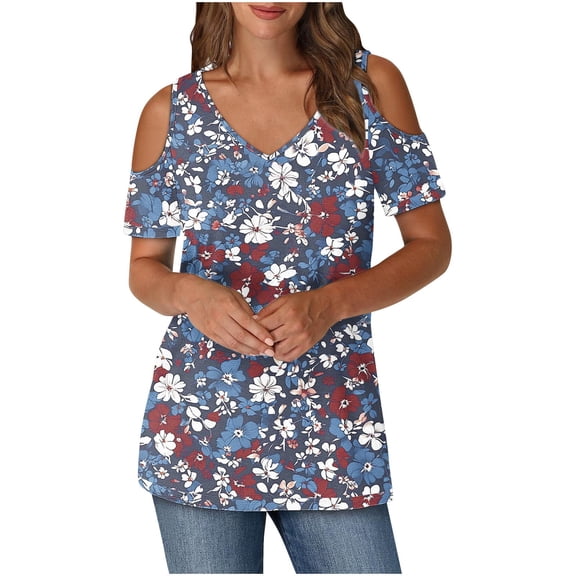 Olyvenn Cold Shoulder Tops for Women Plus Size V Neck T Shirts Short Sleeve Summer Clothes Button Up Tunic Multicolor XL