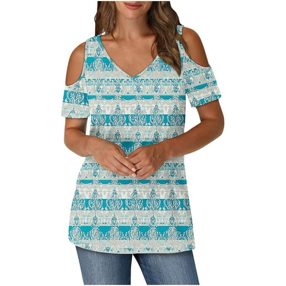 Olyvenn Cold Shoulder Tops for Women V Neck Short Sleeve Floral Shirts Blouses Dressy Casual Summer Graphic Print Tee Shirts Multicolor M