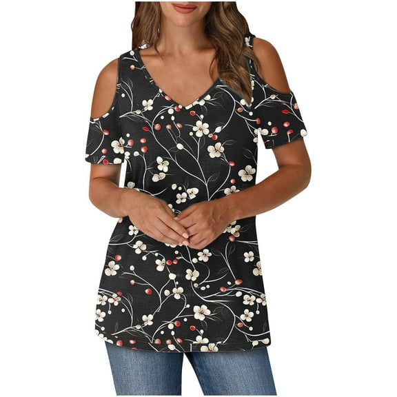 Olyvenn Cold Shoulder Tops for Women V Neck Short Sleeve Floral Shirts Blouses Dressy Casual Summer Graphic Print Tee Shirts Multicolor XL