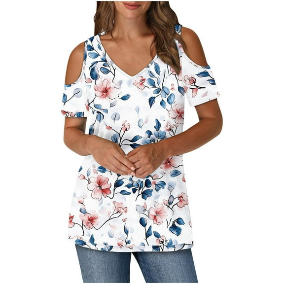 Olyvenn Cold Shoulder Tops for Women V Neck Short Sleeve Floral Shirts Blouses Dressy Casual Summer Graphic Print Tee Shirts Red S
