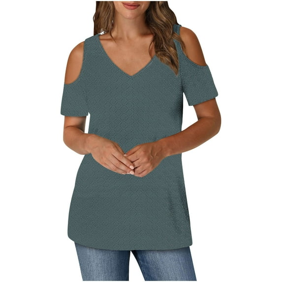 Olyvenn Cold Shoulder V Neck Shirts for Women Eyelet Short Sleeve Tunic Tops Summer Fall Casual Loose Dressy Blouses Gray L