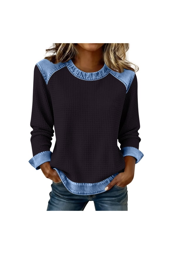 Collared Sweaters for Women with Buttons Vintage Denim Patchwork Pullover Waffle Knit Sweater Casual Jean Tops Shirts Black M