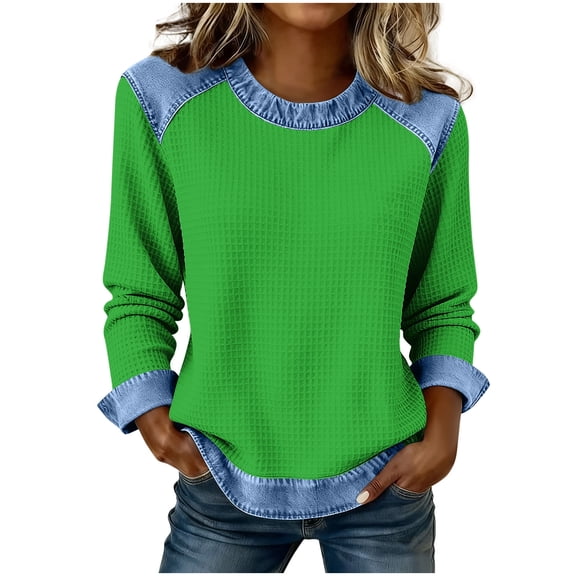 Olyvenn Collared Sweaters for Women with Buttons Vintage Denim Patchwork Pullover Waffle Knit Sweater Casual Jean Tops Shirts Green L