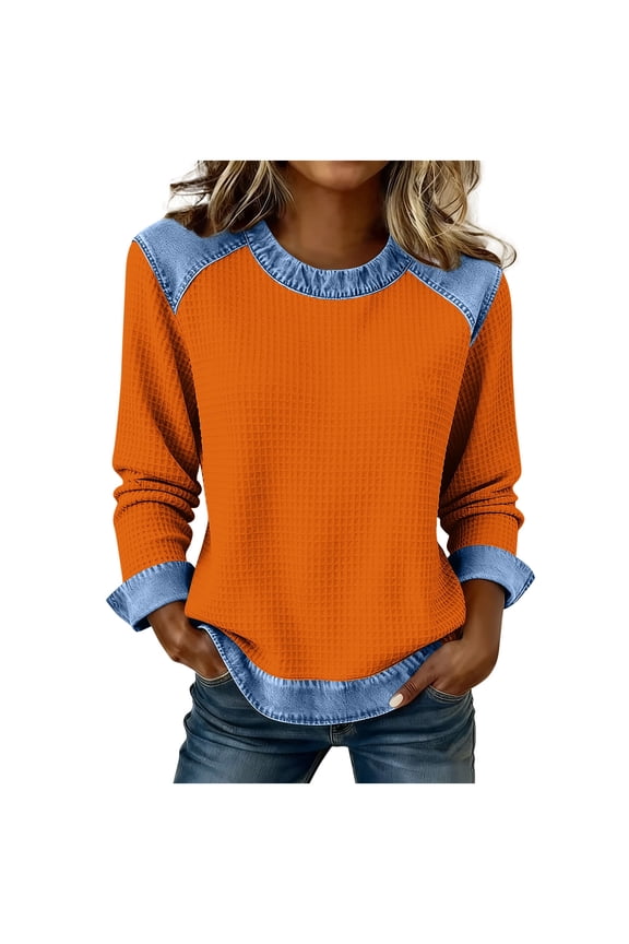 Collared Sweaters for Women with Buttons Vintage Denim Patchwork Pullover Waffle Knit Sweater Casual Jean Tops Shirts Orange M