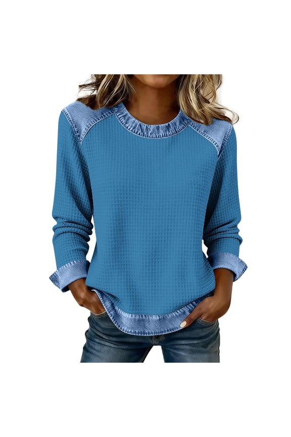 Collared Sweaters for Women with Buttons Vintage Denim Patchwork Pullover Waffle Knit Sweater Casual Jean Tops Shirts Sky Blue XL