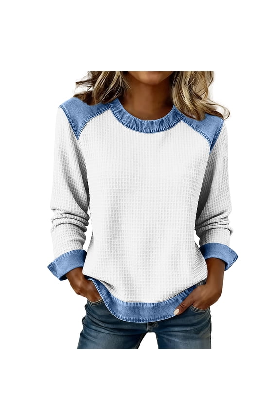 Collared Sweaters for Women with Buttons Vintage Denim Patchwork Pullover Waffle Knit Sweater Casual Jean Tops Shirts White L