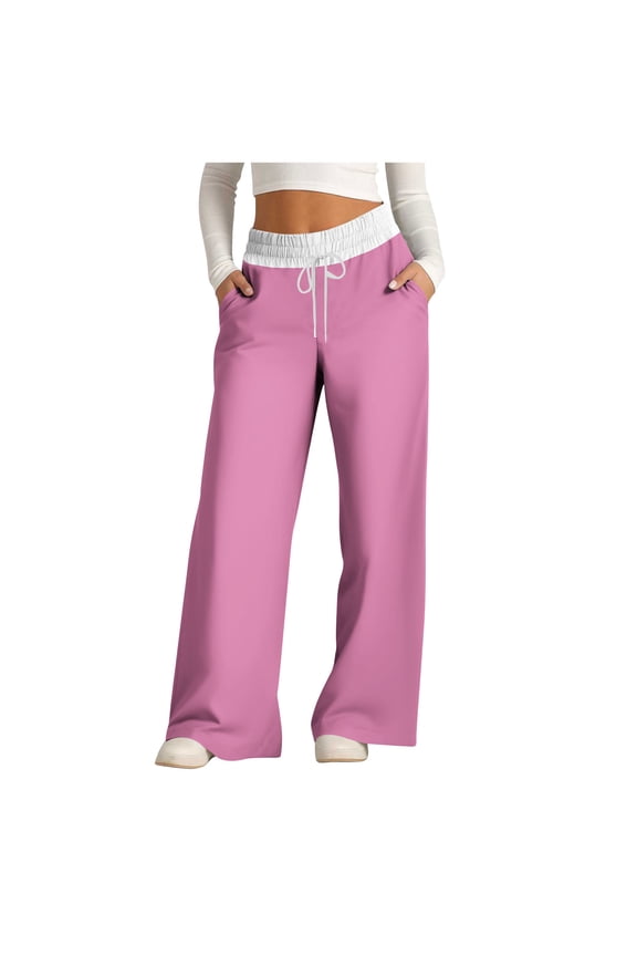 Color Block Wide Leg Sweatpants Women Elastic Drawstring Straight Leg Sweatpants Low Waisted Baggy Lounge Pants Pocket Pink 10
