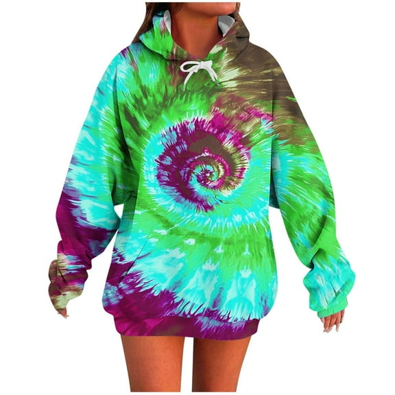 Olyvenn Color Rainbow Printed Hoodie Tie Dye Sweatshirt Fashion Graphic Pullover for Women 2025 Fall Trendy Tops Light Blue L