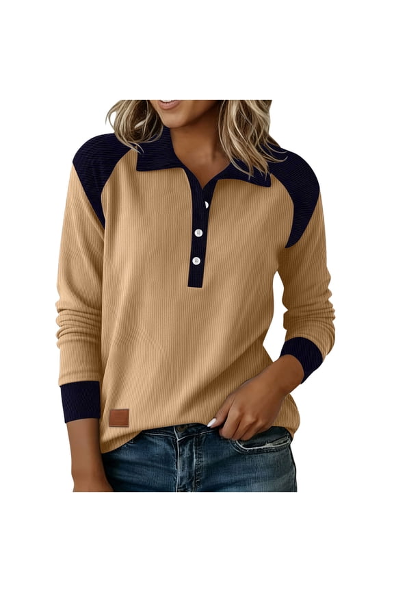Corduroy Blouses for Women Colorblock Button Collared Neck Tshirts Ribbed Long Sleeve Casual Loose Dressy Tunic Tops Khaki M