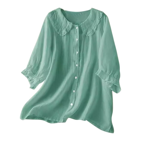 Olyvenn Cotton Doll Collar Half Sleeve Button Down Shirt Women's Casual Ruffle Sleeve Loose Fit Solid Color T Shirt Green S