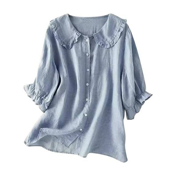 Olyvenn Cotton Doll Collar Half Sleeve Button Down Shirt Women's Casual Ruffle Sleeve Loose Fit Solid Color T Shirt Light Blue XXXL
