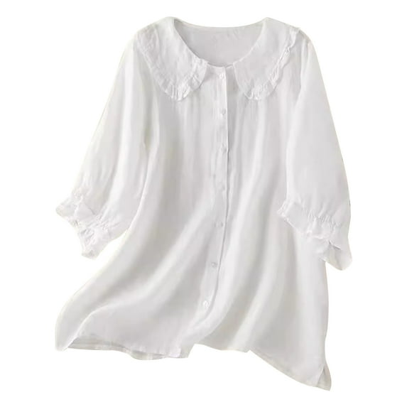 Olyvenn Cotton Doll Collar Half Sleeve Button Down Shirt Women's Casual Ruffle Sleeve Loose Fit Solid Color T Shirt White S
