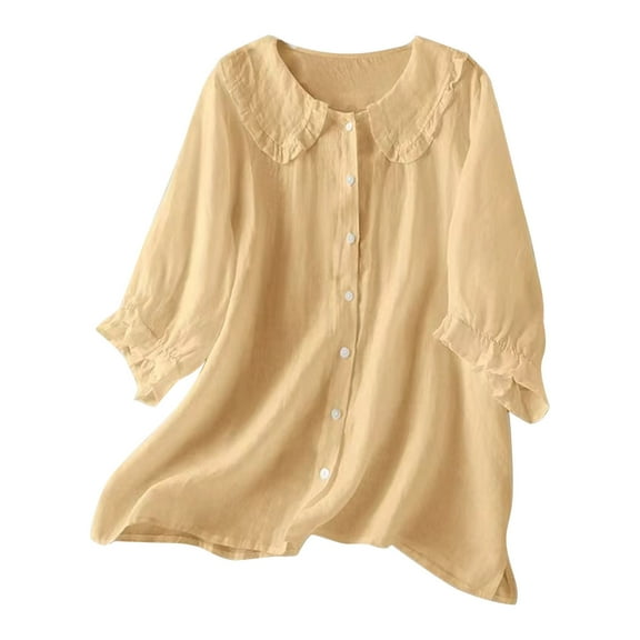 Olyvenn Cotton Doll Collar Half Sleeve Button Down Shirt Women's Casual Ruffle Sleeve Loose Fit Solid Color T Shirt Yellow S