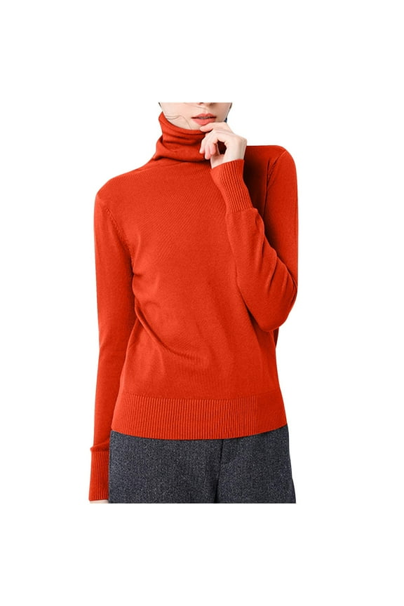 Cotton Knitted Turtleneck Sweater Women's Solid Color Classic Fit Knitted Slim Jumper Bottom Sweater Shirt Orange 4-6