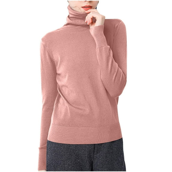 Olyvenn Cotton Knitted Turtleneck Sweater Women's Solid Color Classic Fit Knitted Slim Jumper Bottom Sweater Shirt Pink 8-10
