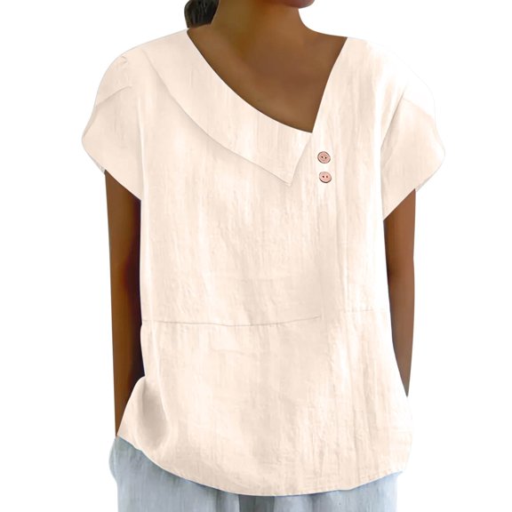Olyvenn Cotton Linen Blouses for Women Summer Comfy Loose Fit Short Sleeve Tops Asymmetric V Neck Button Tees Dressy Casual T-Shirt Beige XL