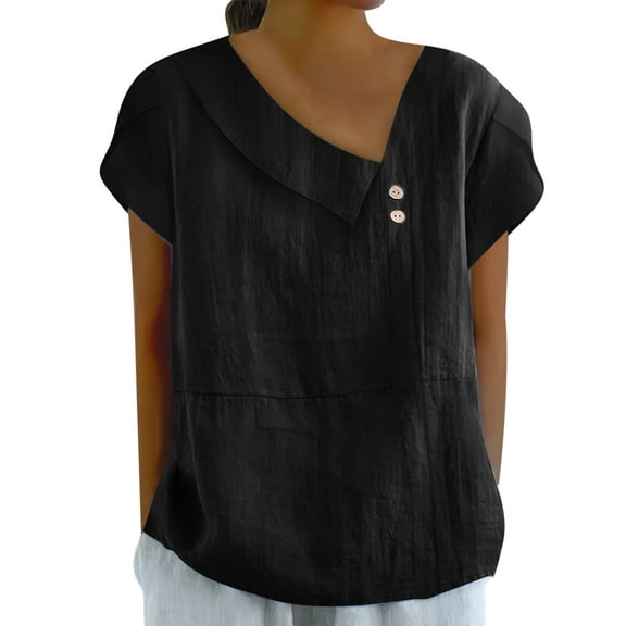Olyvenn Cotton Linen Blouses for Women Summer Comfy Loose Fit Short Sleeve Tops Asymmetric V Neck Button Tees Dressy Casual T-Shirt Black L