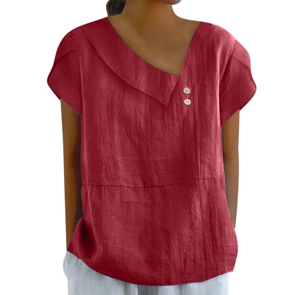 Olyvenn Cotton Linen Blouses for Women Summer Comfy Loose Fit Short Sleeve Tops Asymmetric V Neck Button Tees Dressy Casual T-Shirt Wine M