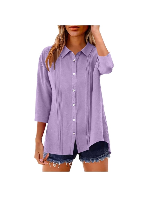 Cotton Linen Botton Down Shirt Women 3/4 Sleeve Lapel Collar Pleated Tops Ladies Casual Dressy Tunic Blouses for Work Purple S