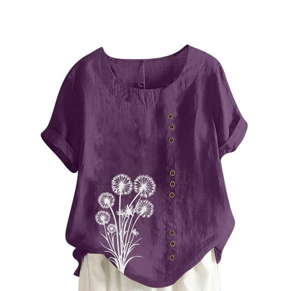 Olyvenn Cotton Linen Flower Shirts for Women Plus Size Summer Beach Short Sleeve Casual Loose Comfy Blouses Tunic Tops Purple XXXXL