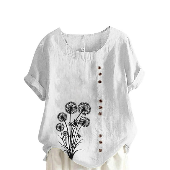 Olyvenn Cotton Linen Flower Shirts for Women Plus Size Summer Beach Short Sleeve Casual Loose Comfy Blouses Tunic Tops White XXXXL