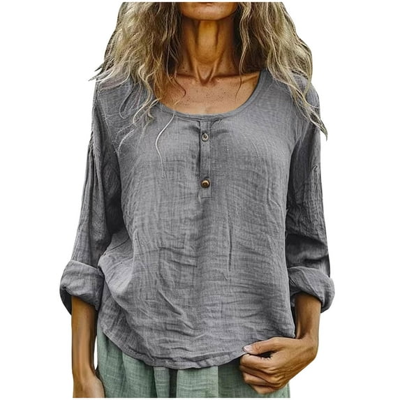 Olyvenn Cotton Linen Henley Tops for Women 2025 Casual Long Sleeve Loose Fit Scoop Neck Blouses High Low Peasant Tunic Tops Gray XL