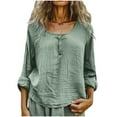 thumbnail image 1 of Olyvenn Cotton Linen Henley Tops for Women 2025 Casual Long Sleeve Loose Fit Scoop Neck Blouses High Low Peasant Tunic Tops Green XXXL, 1 of 6