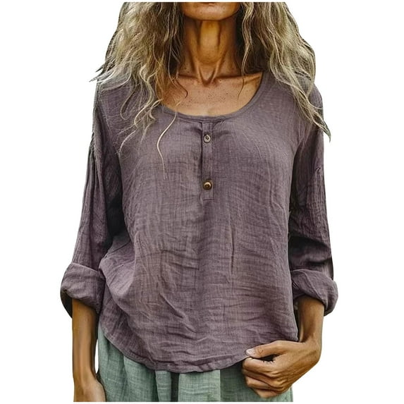 Olyvenn Cotton Linen Henley Tops for Women 2025 Casual Long Sleeve Loose Fit Scoop Neck Blouses High Low Peasant Tunic Tops Purple XXL