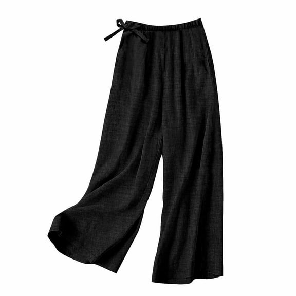 Olyvenn Cotton Linen Pant for Women Summer Casual Wide Leg High Waisted Trouser Loose Drawstring Elastic Waist Pants with Pockets Black S