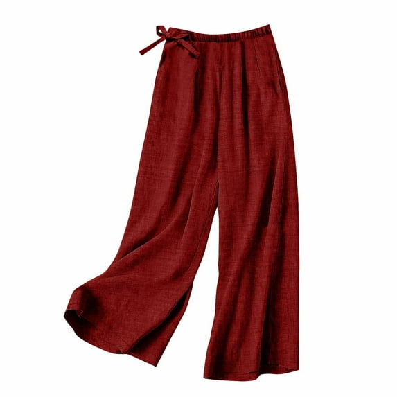 Olyvenn Cotton Linen Pant for Women Summer Casual Wide Leg High Waisted Trouser Loose Drawstring Elastic Waist Pants with Pockets Red S