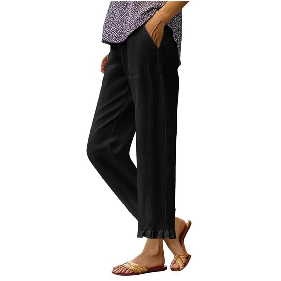 Olyvenn Cotton Linen Pants Women Elastic High Waisted Straight Leg Lounge Pants Casual Slacks Summer Trousers with Pockets Black XL