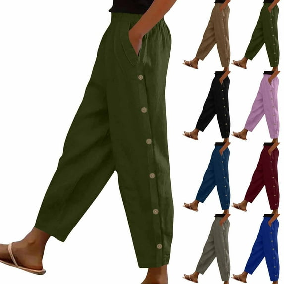 Olyvenn Cotton Linen Pants for Women Striped Print Side Button Pants Baggy Elastic Waist Straight Leg Trousers with Pockets Army Green M
