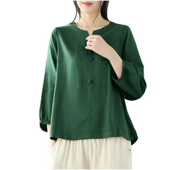Olyvenn Cotton Linen Shirts for Women Buttons V Neck Long Sleeve Tops Vintage Loose Vacation Beach Solid Blouses Summer Tops for Women 2025 Green XXL