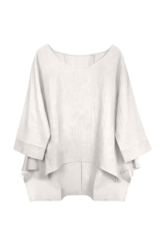 Cotton Linen Shirts for Women Crew Neck High-Low Clothes 3/4 Sleeve Solid Tshirt Dressy Blouses Casual Solid Tops White XXL