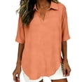 thumbnail image 1 of Olyvenn Cotton Linen Shirts for Women Dressy Casual 2026 Short Sleeve V Neck Tunic Tops Summer Solid Boho Fashion Outfits Orange M, 1 of 7