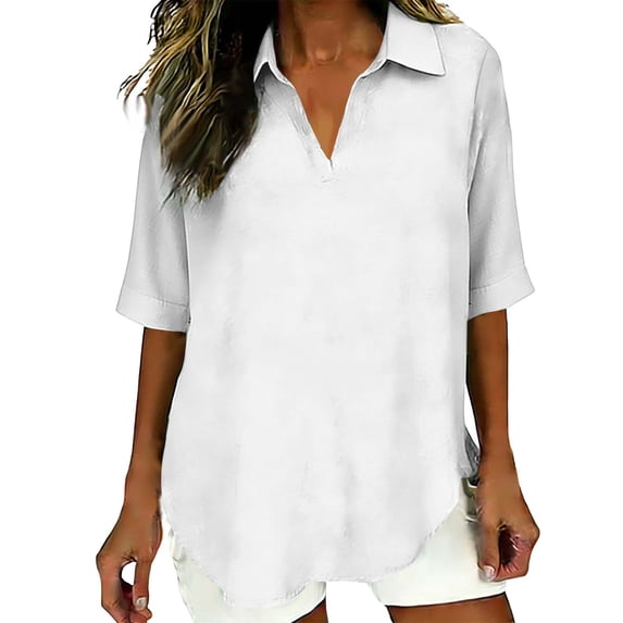 Olyvenn Cotton Linen Shirts for Women Dressy Casual 2026 Short Sleeve V Neck Tunic Tops Summer Solid Boho Fashion Outfits White M
