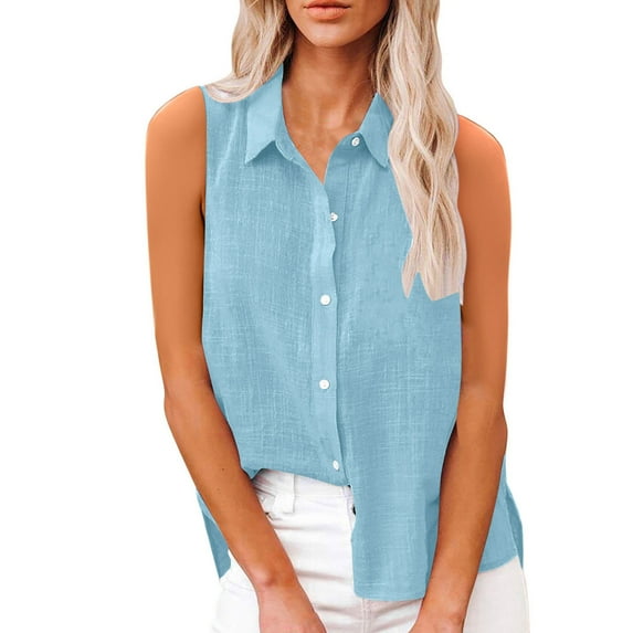 Olyvenn Cotton Linen Shirts for Women Sleeveless Collared Tops Oversized Button Up Blouses Work Shirts Casual Summer Tshirt Light Blue L