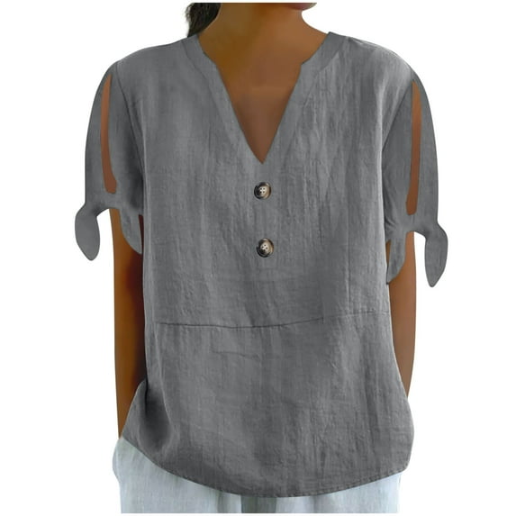 Olyvenn Cotton Linen Shirts for Women Summmer Slit Short Sleeve Casual Tops Henley Vcation Beach Lounge Button Lightweight Tunic Blouse Gray XXL