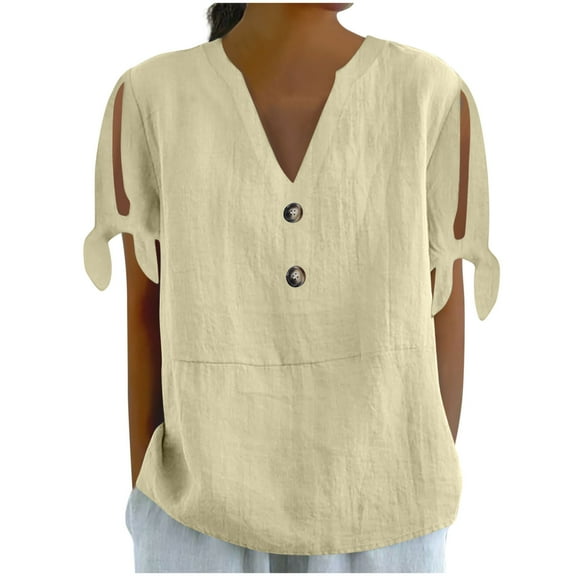 Olyvenn Cotton Linen Shirts for Women Summmer Slit Short Sleeve Casual Tops Henley Vcation Beach Lounge Button Lightweight Tunic Blouse Khaki S