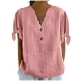 thumbnail image 1 of Olyvenn Cotton Linen Shirts for Women Summmer Slit Short Sleeve Casual Tops Henley Vcation Beach Lounge Button Lightweight Tunic Blouse Pink S, 1 of 6