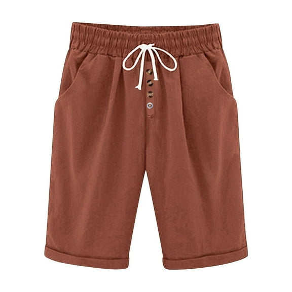 Olyvenn Cotton Linen Shorts for Women Casual Trendy 2025 Summer Shorts Bermuda Buttons Drawstring Beach Shorts Brown M