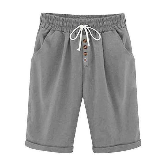 Olyvenn Cotton Linen Shorts for Women Casual Trendy 2025 Summer Shorts Bermuda Buttons Drawstring Beach Shorts Gray M