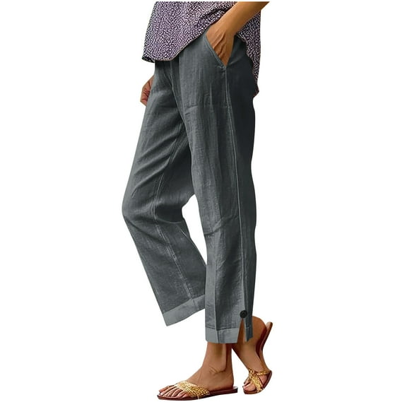 Olyvenn Cotton Linen Solid Cropped Pants for Women Summer Elastic Waist Straight Wide Leg Boho Beach Trouser with Pockets Dark Gray M