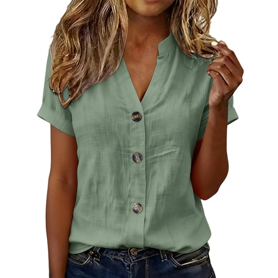 Olyvenn Cotton Linen T-Shirts for Women Short Sleeve Button Down Blouses V Neck Casual Loose Fit Cotton Linen Clothes Summer Tops Green L