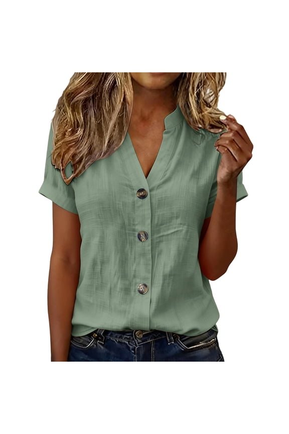 Cotton Linen T-Shirts for Women Short Sleeve Button Down Blouses V Neck Casual Loose Fit Cotton Linen Clothes Summer Tops Green S